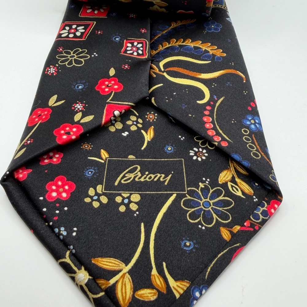 Brioni Black Silk Tie with Red and Gold Floral Design